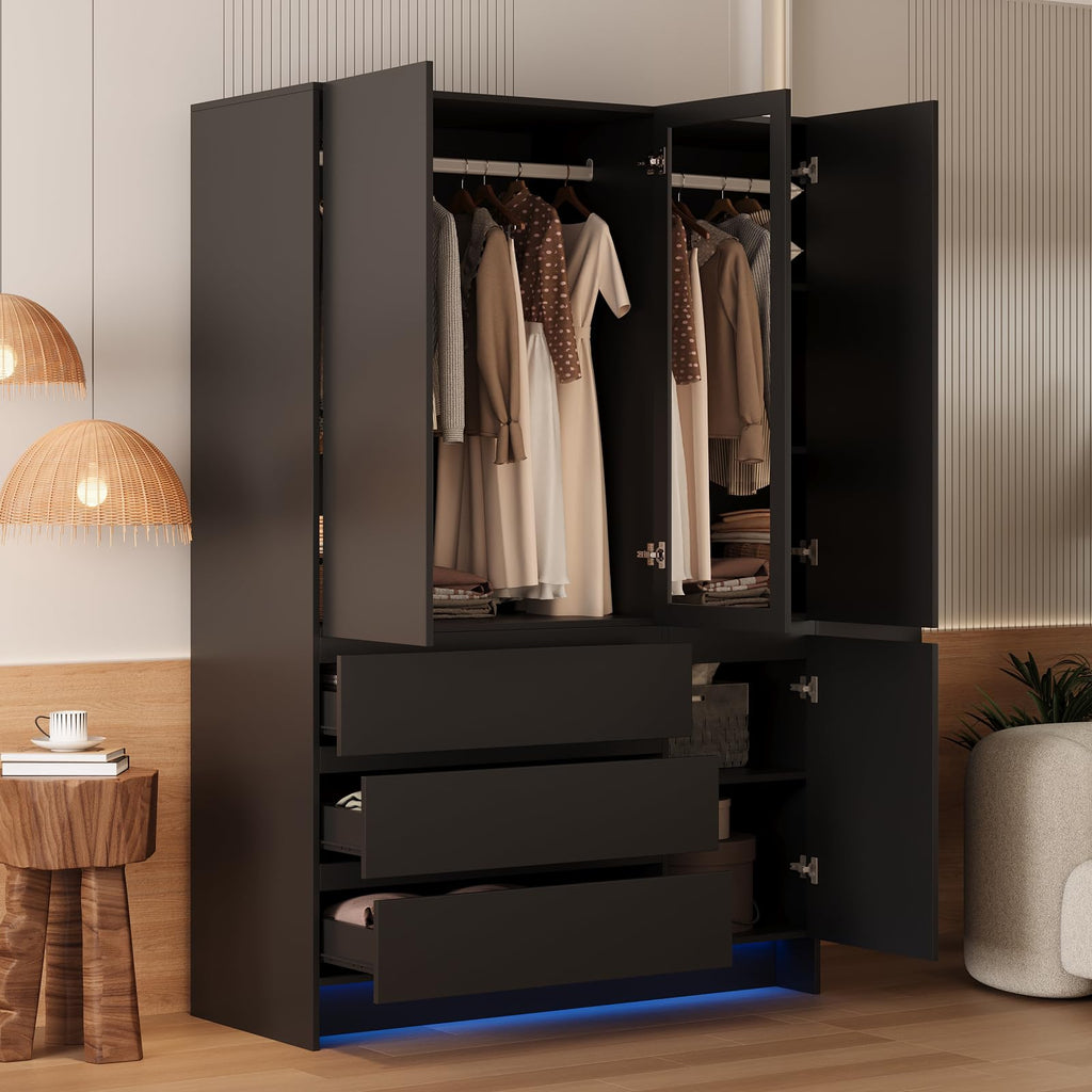 Armoire Wardrobe Closet with 4 Doors, Bedroom Armoire with Mirrors
