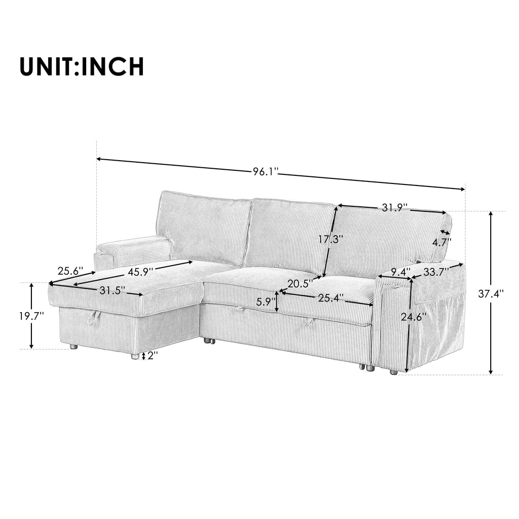 96" Convertible Sleeper Sofa Bed, Modern Corduroy Pull Out Couch with Storage Chaise, L-Shaped Sectional Sofa with
