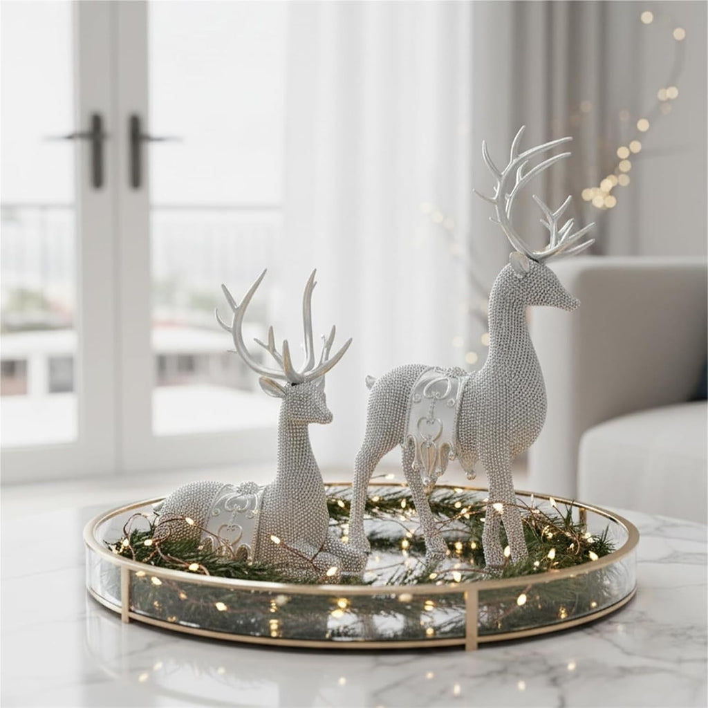 Gifts for Women Set of 2 Christmas Reindeer Statues 11.3" Gold Decorative Deer Sculptures Shelf Decor(Silver)