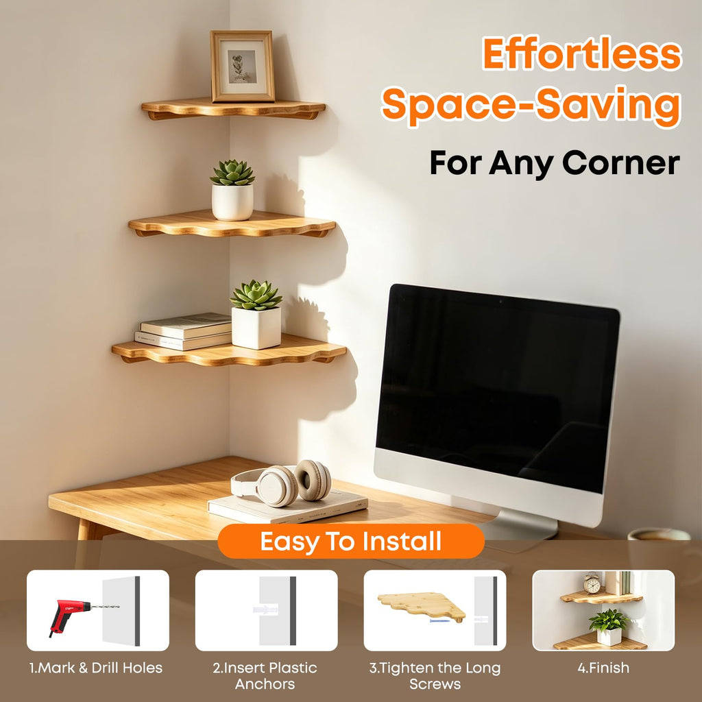 Corner Floating Shelf Wall Mount, Set of 3 Floating Corner Shelves, Bamboo Wood Corner Hanging Shelves with Cord Hole