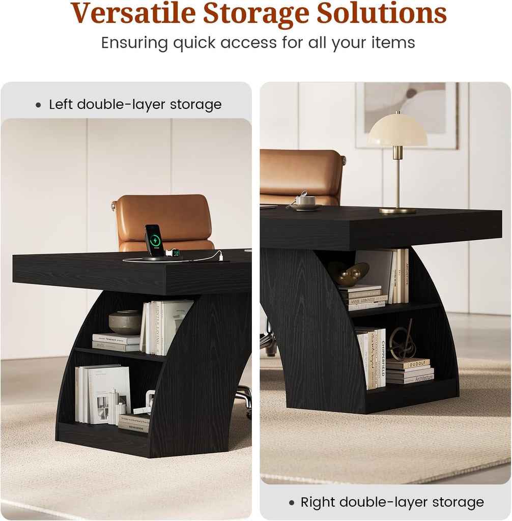 70.9 Inch Executive Desk, Large Office Desk with Power Outlet & Storage Shelves