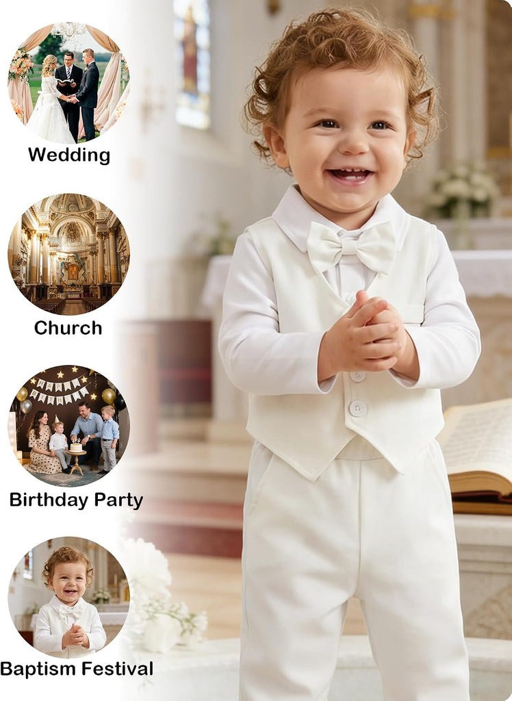 Baby Boy Clothes Suit Tuxedo Baptism Outfit Christening Top+Suspenders Pants+Vest+Bow Tie 5PCS