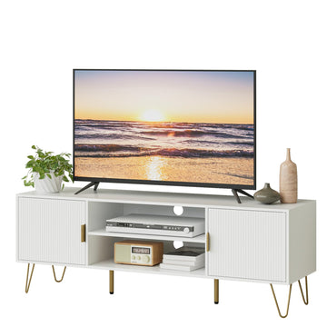 TV Stand for 55-65 Inch TV, Entertainment Center with Soft Hinge Door, TV Console Table with 2 Cabinets with Gold