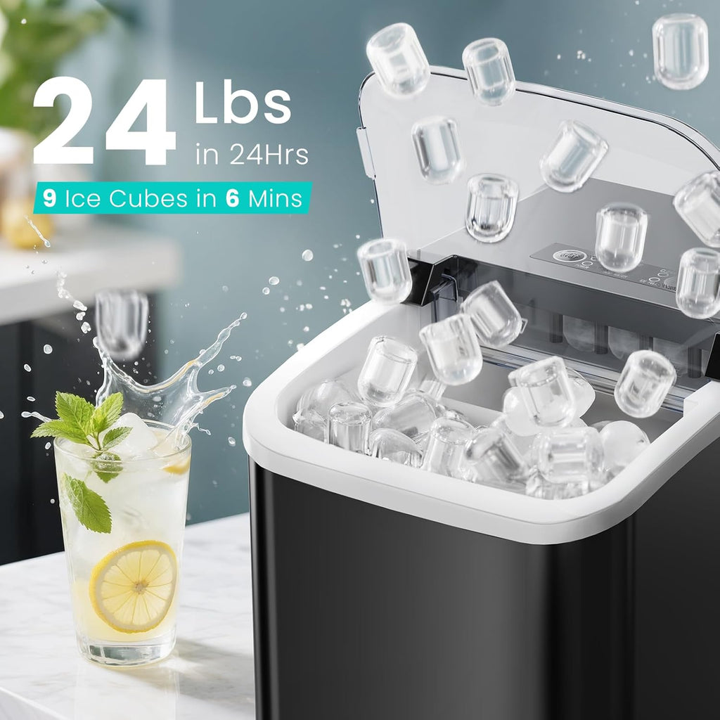Ice Maker Machine with Handle,26lbs in 24Hrs,9 Ice Cubes in 6 Mins,Auto-Cleaning Portable Ice Maker with Basket