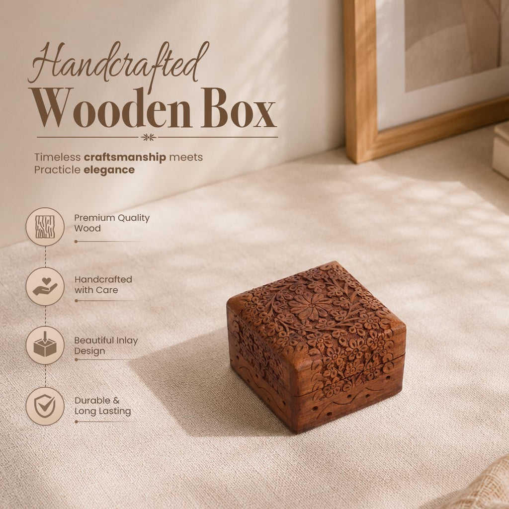 Wooden Hand Carved Jewelry Box Keepsake Treasure Chest Organizer