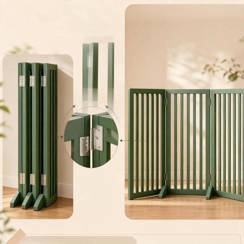 Wooden Dog Gate with Stands, Adjustable Green Doorways Pets Safety Fence