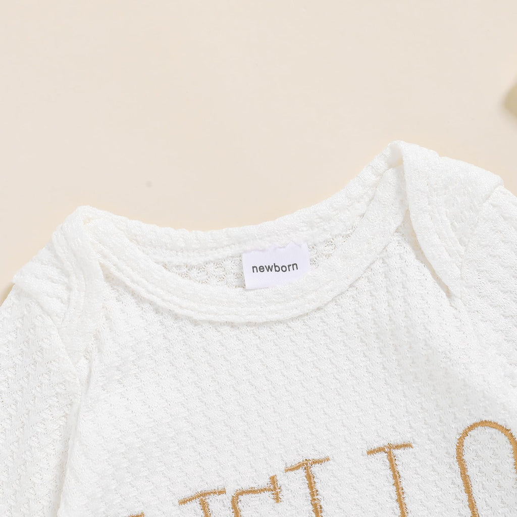 Newborn Baby Boy Romper Coming Home Outfits Letter Print Bodysuit Jumpsuit+Hat+Gloves 3PCS Clothes Set (Pure White