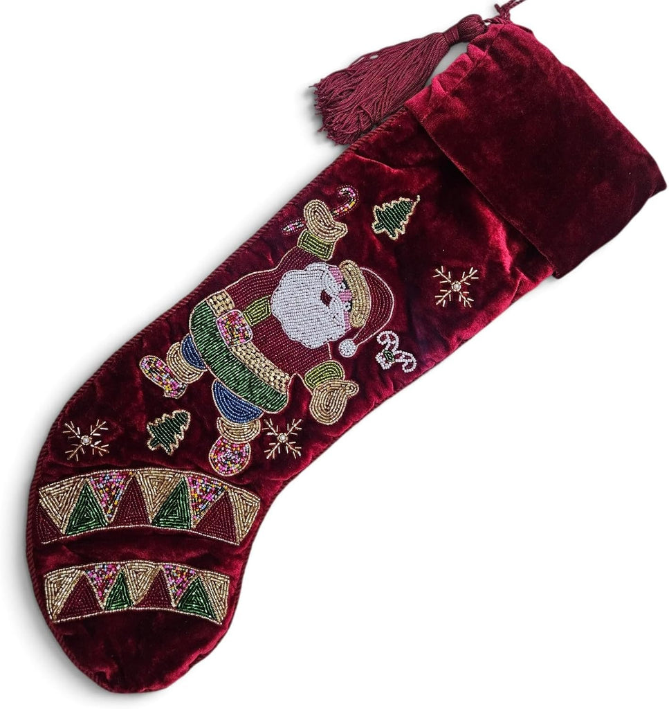 Luxury Hand Beaded Red Velvet Christmas Stocking 21 Inch Traditional Santa Claus Family Stocking, Premium Handcrafted