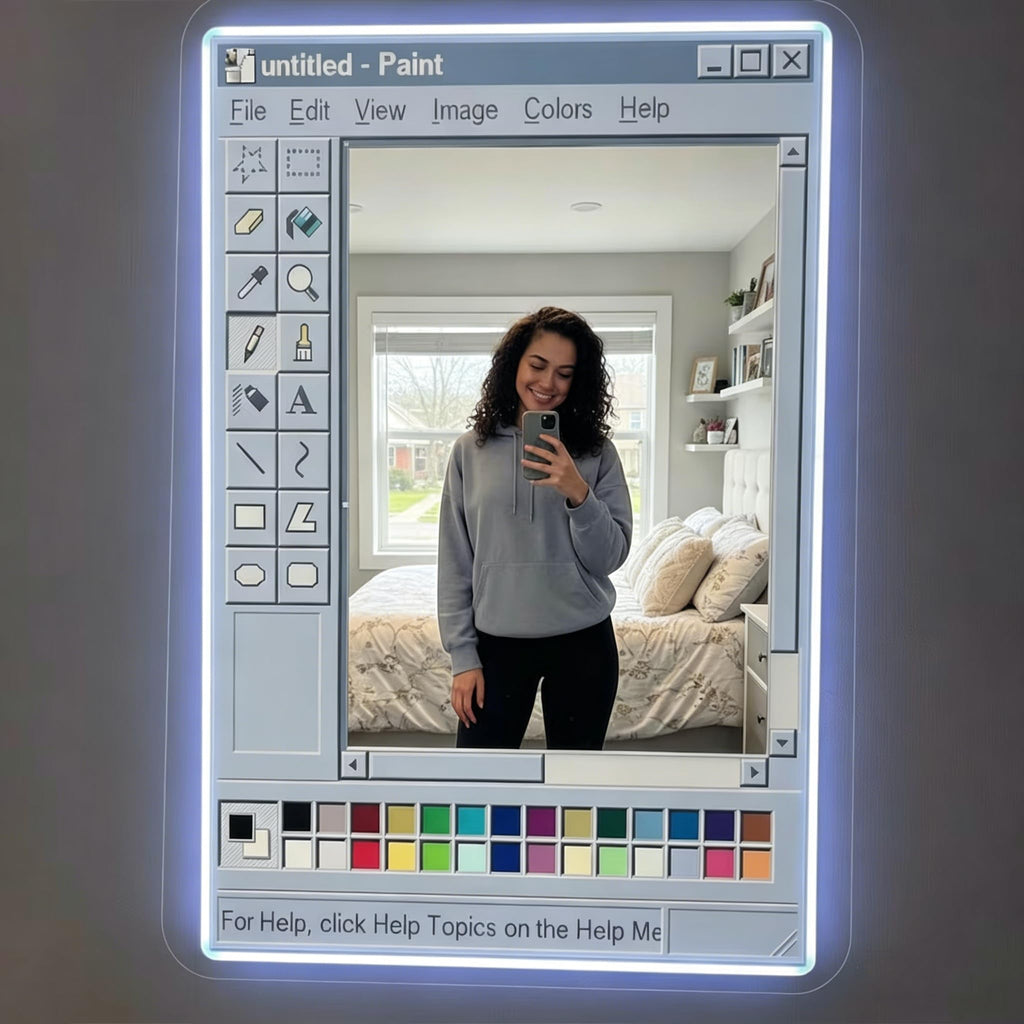 Retro Classic PC Drawing Software UI Mirror Neon Sign, Vintage Old Computer Style LED Light Up Mirror, Nostalgic