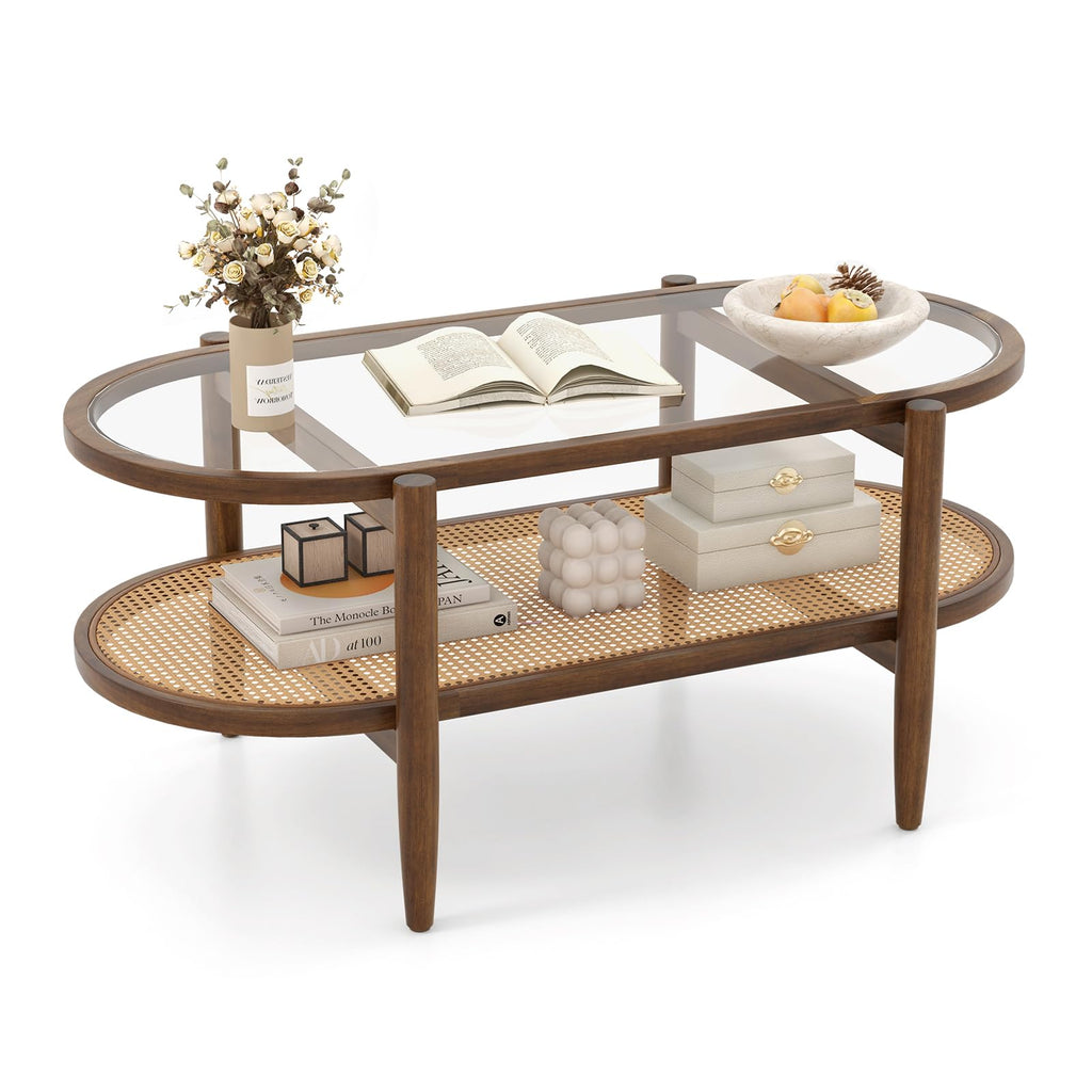 Rattan Coffee Table, 2 Tier Boho Oval Living Room Table w/Glass Tabletop Wood Frame & Storage Shelf, 40''L Mid