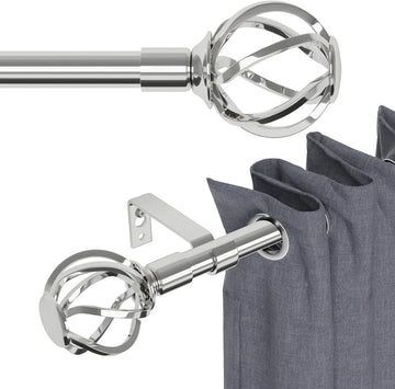 Silver Curtain Rod 30 to 62 inch with Twisted Cage Finials, Decorative Curtain Rods for Windows with Brackets