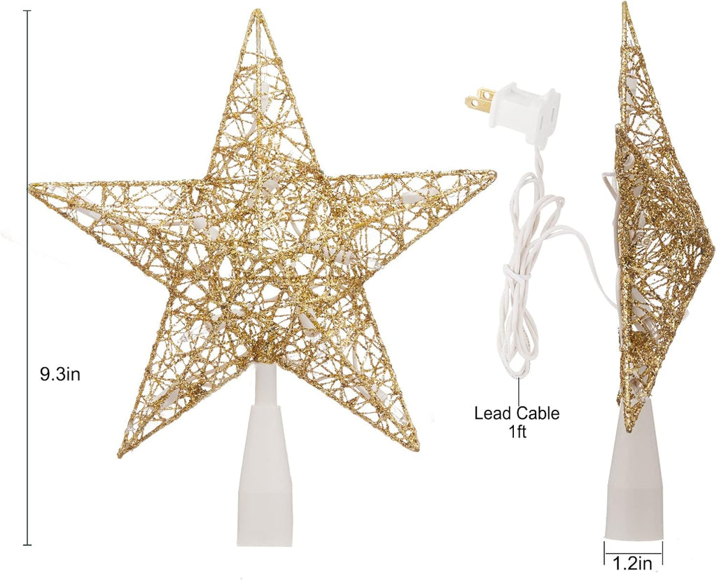 Star Tree Topper, Plug in 3D Twined Golden Star Metal Hollow Designed Christmas Tree Topper Decorations 9 inch,Built