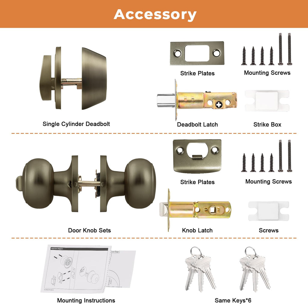 2 Pack Entry Door Knob Set with Single Cylinder Deadbolt Combo Set, Antique Brass Front Door Handle Keyed Alike