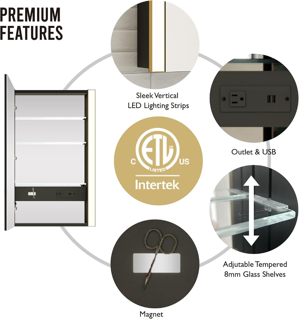 LED Medicine Cabinet with Light, 24x36 in, Gold Frame, Defogging, Adjustable Glass Shelves, Outlet and USB (24x36in)