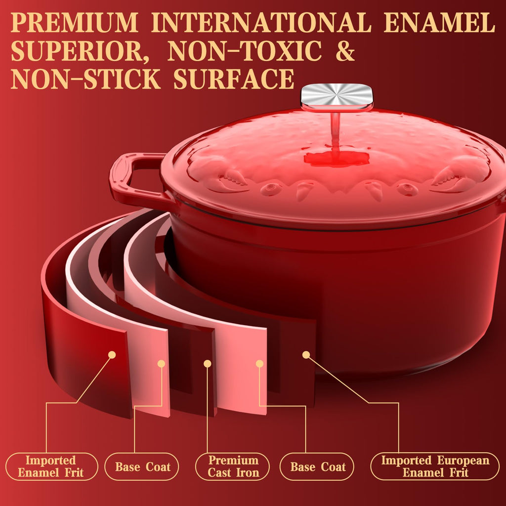Enameled Cast Iron Dutch Oven - 5 Quart, Crab Lid (Patented), Oversized Knob, for Bread Baking Braiser, Cooking Stock