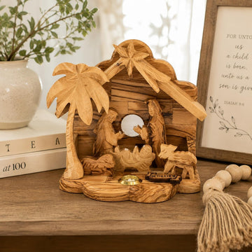 Olive Wood Nativity Set for Christmas Indoor Décor, Handcrafted Bethlehem Manger Scene with Holy Family, Wooden