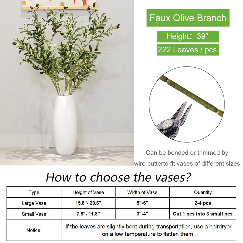 39 Inch Artificial Olive Branches for Vases, Fake Plants Greenery Stems with 222 Leaves Faux Olive Tree Branches Home
