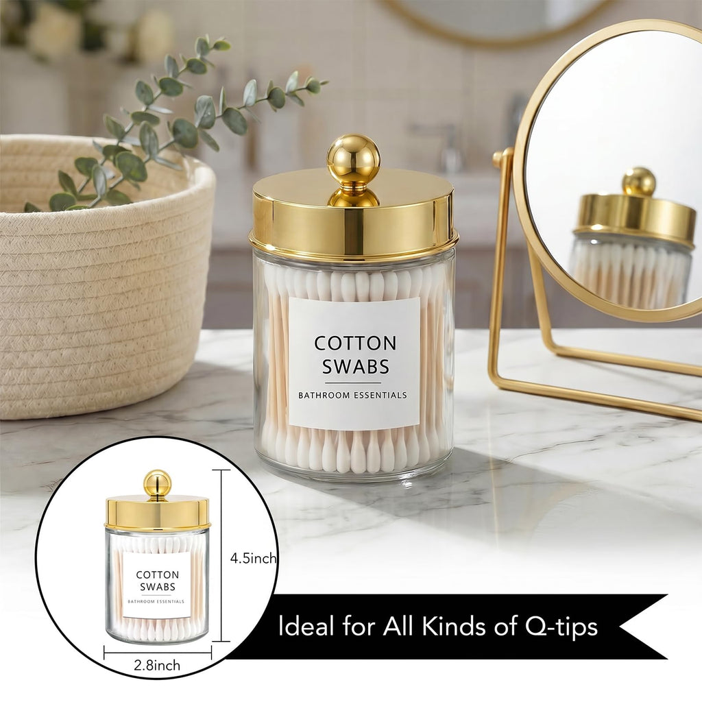 Glass Apothecary Jars Qtip Holder w/Plastic Lids, Gold 4pc
