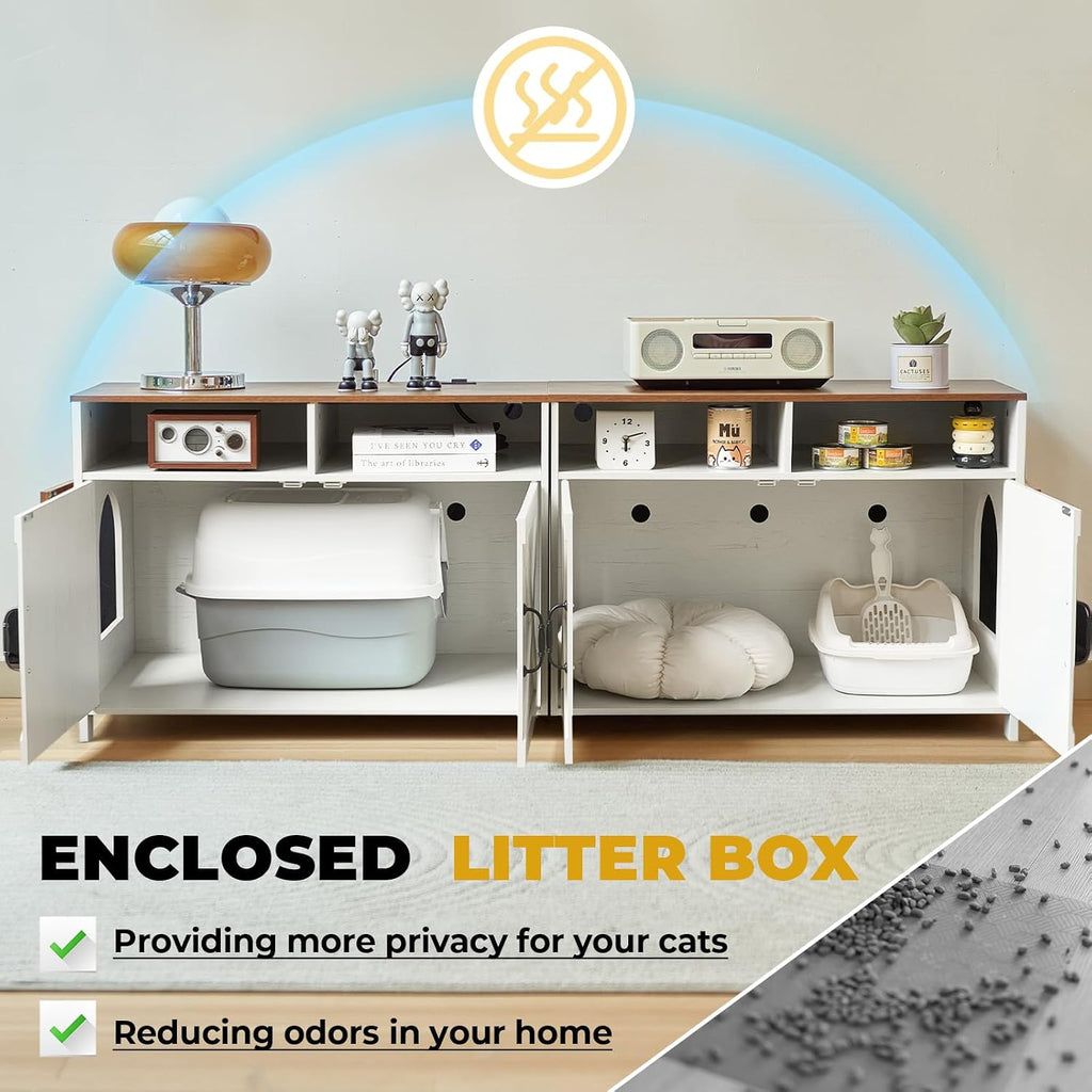 63" Double Cat Litter Box Enclosure for 2 Cats, Hidden Wooden Litter Box Furniture with Power Outlet