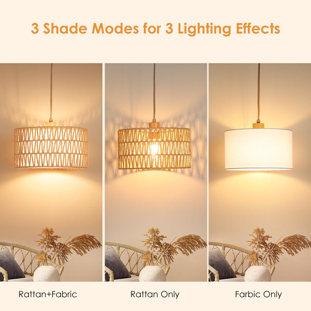 Boho Plug in Pendant Light, Handwoven Shade, 3 Way Bulb, 14ft Cord