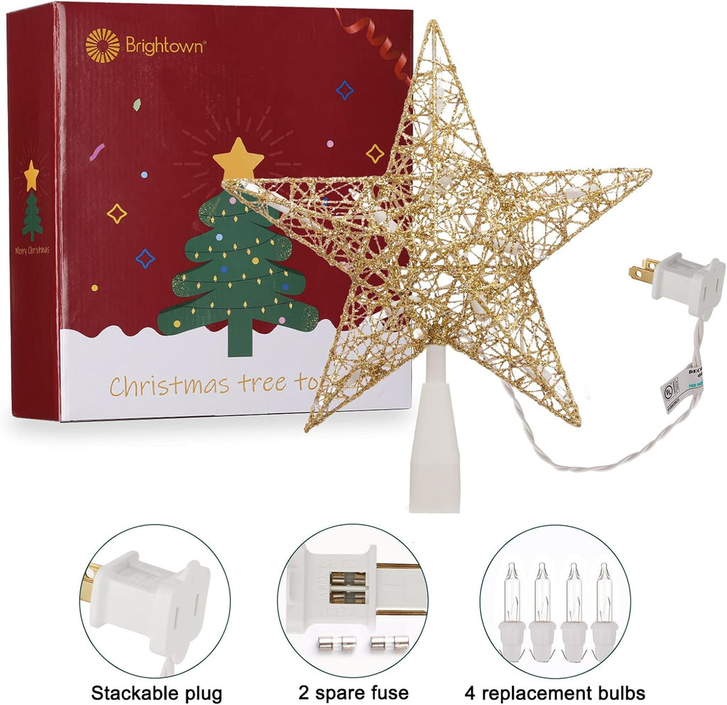 Star Tree Topper, Plug in 3D Twined Golden Star Metal Hollow Designed Christmas Tree Topper Decorations 9 inch,Built