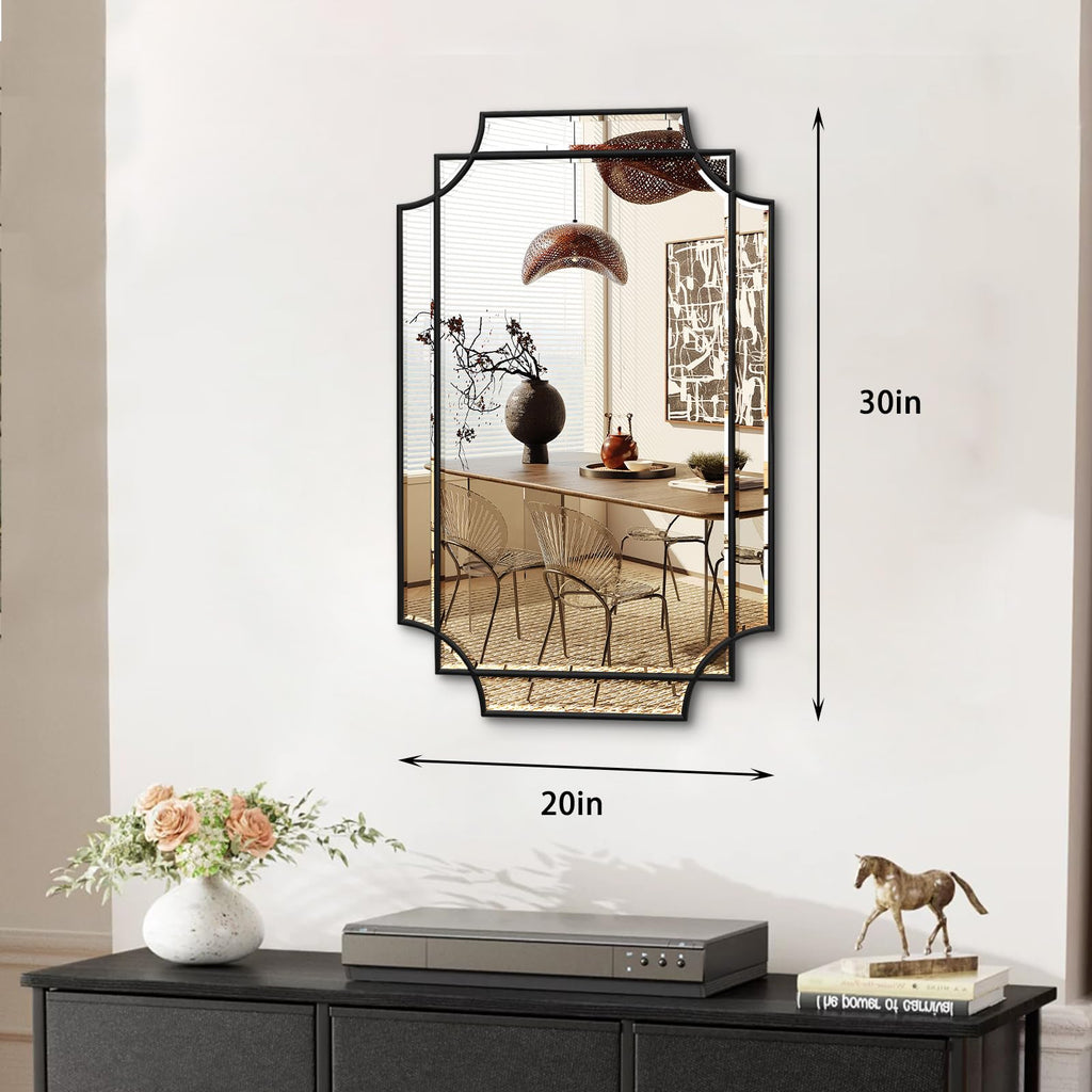 30x20 Inch Black Bathroom Mirror, Wooden Frame with Scalloped Polished Beveled Glass, Modern Art Wall Decor for