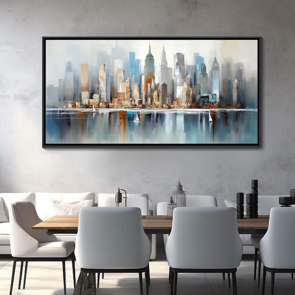York City Skyline Abstract - Modern Manhattan City View Painting Decor - Large Framed Cityscape Wall 20"x40"