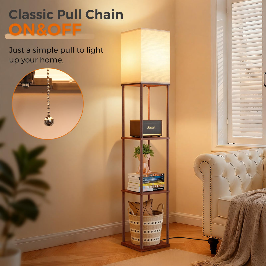 Floor Lamp with Shelves, 3-Tier Modern Square Bookshelf Standing Lamp Brown