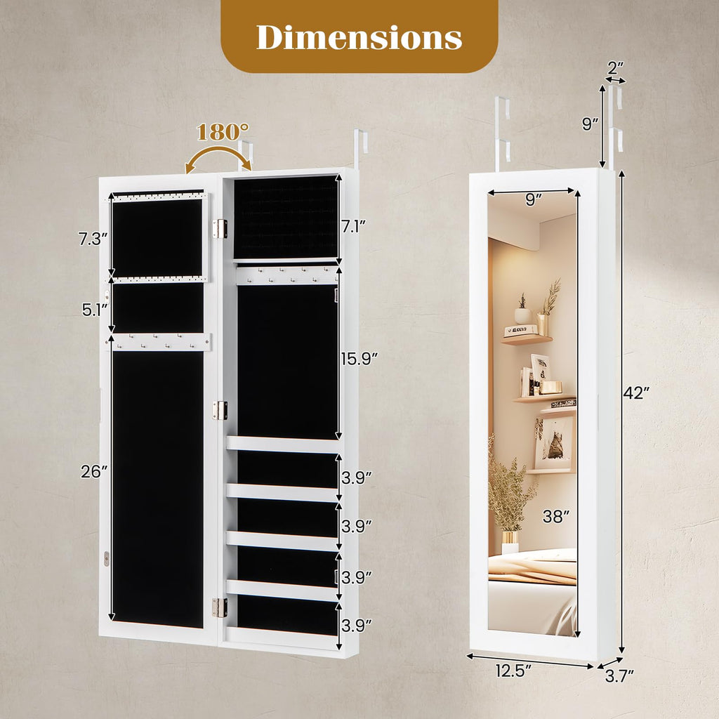 Jewelry Armoire Wall or Door Mounted, Full Length Mirror, White