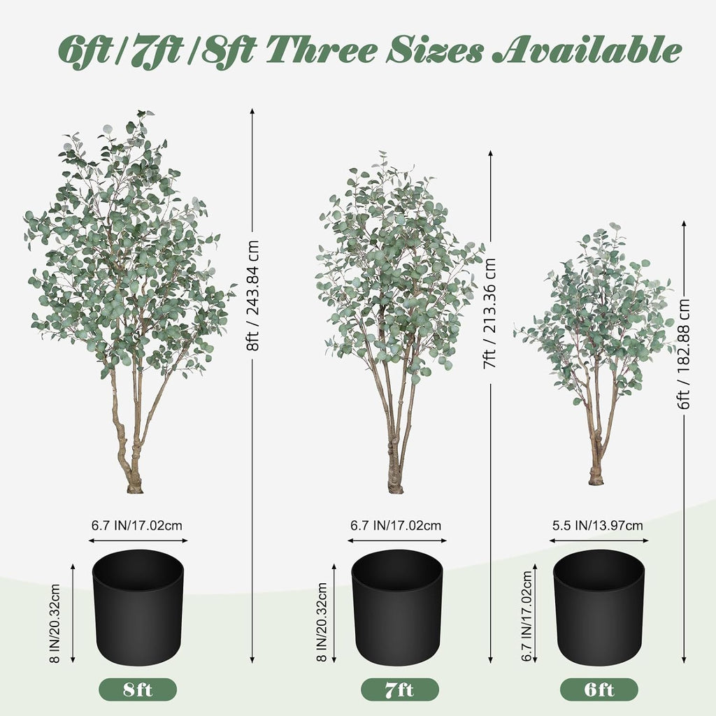 7FT Artificial Eucalyptus Tree Indoor, Tall Faux Eucalyptus Plant with Pre-Potted Realistic Silk Leaves and Trunk