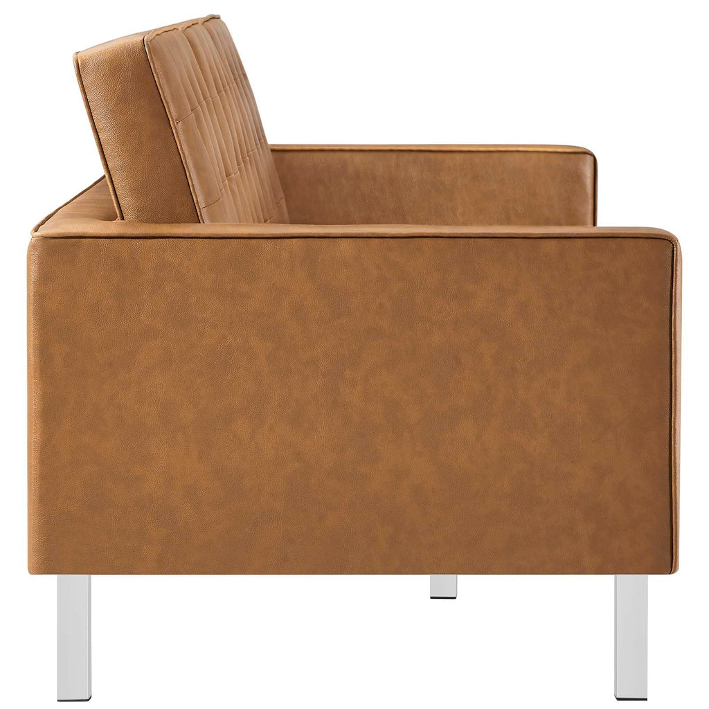 Loft Tufted Button Faux Leather Upholstered Sofa in Silver Tan