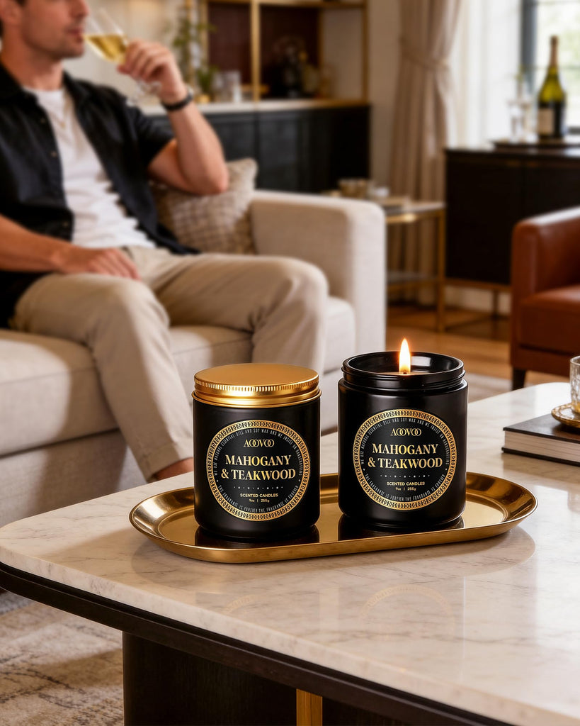 2 Pack Scented Candles for Men - Mahogany Teakwood Scent, Giftable