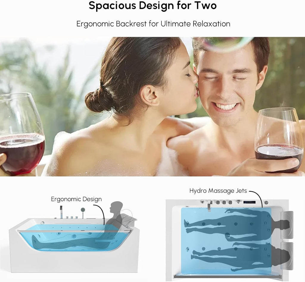 70.8" Whirlpool Bathtub with Thermostat Control, 2-Person Jetted Bathtub 3-Sided Apron Acrylic Soaking Tub, Lumbar