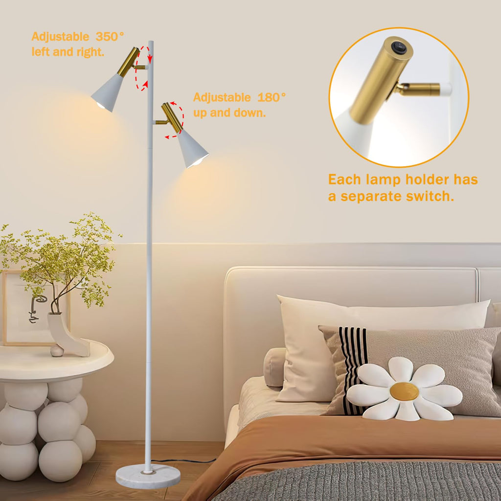 Elegant Modern Floor Lamp with 2 Adjustable Head, White and Gold Stand up Lamps with Marble Base, Tall Pole