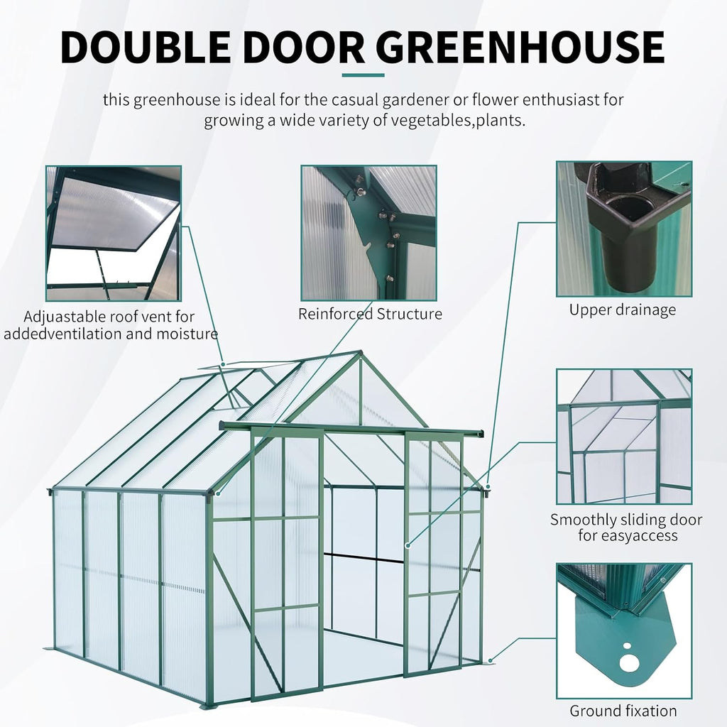 8x8 FT Green Outdoor Walk-in Polycarbonate Greenhouse Dual Sliding Doors Adjustable Roof Vent Aluminum Frame