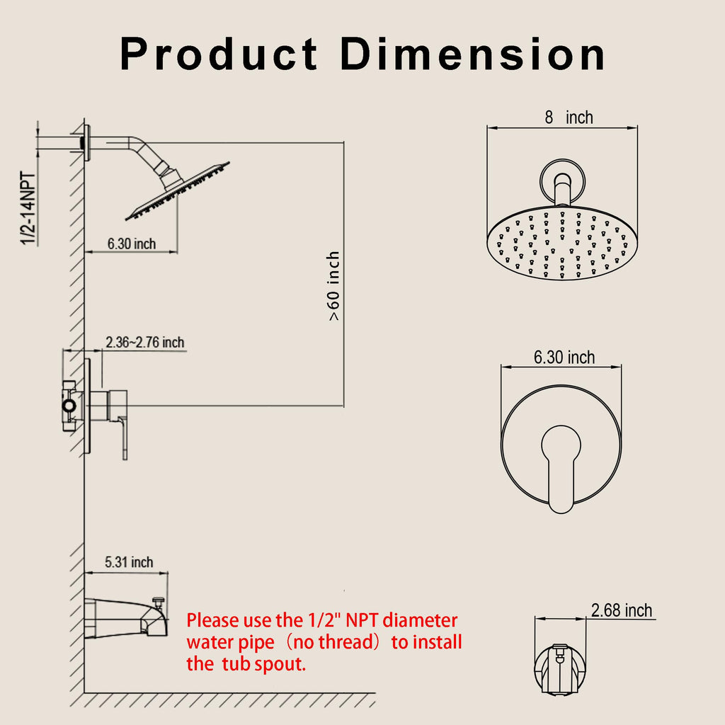 Tub Shower Faucet Set, 8" Rain Shower Head & Spout, Brushed Gold