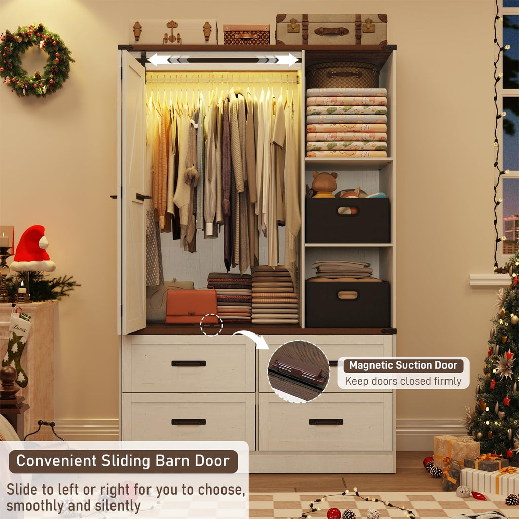 Farmhouse 3 Doors Armoire Wardrobe Closet w/Folding Sliding Barn Door and Lights, LED Armoire Closet w/Drawers