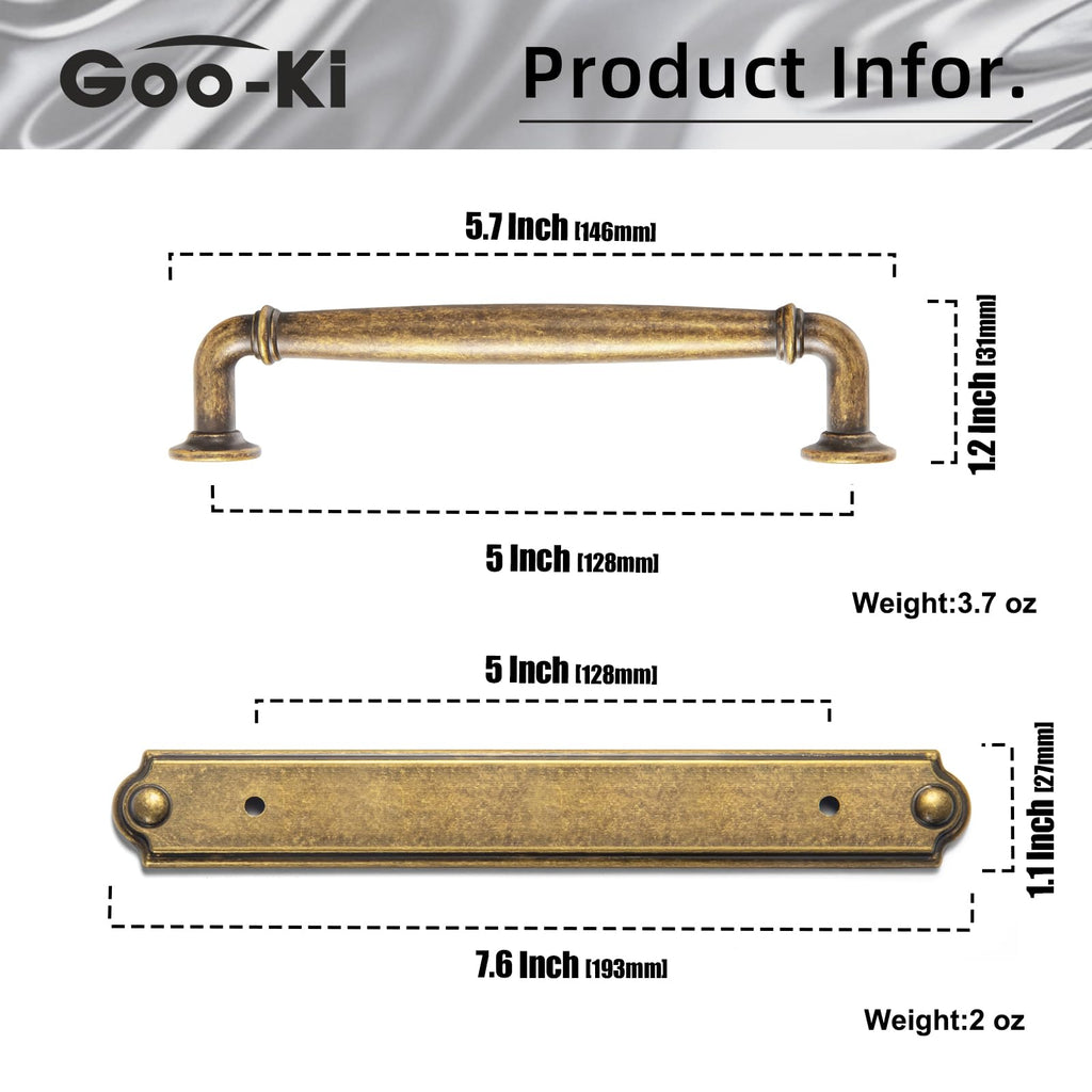 Drawer Pulls Antique Brass Cabinet Pulls with Backplate 5.04" c-c Zinc Alloy Kitchen Cabinet Hardware - 2 Pack