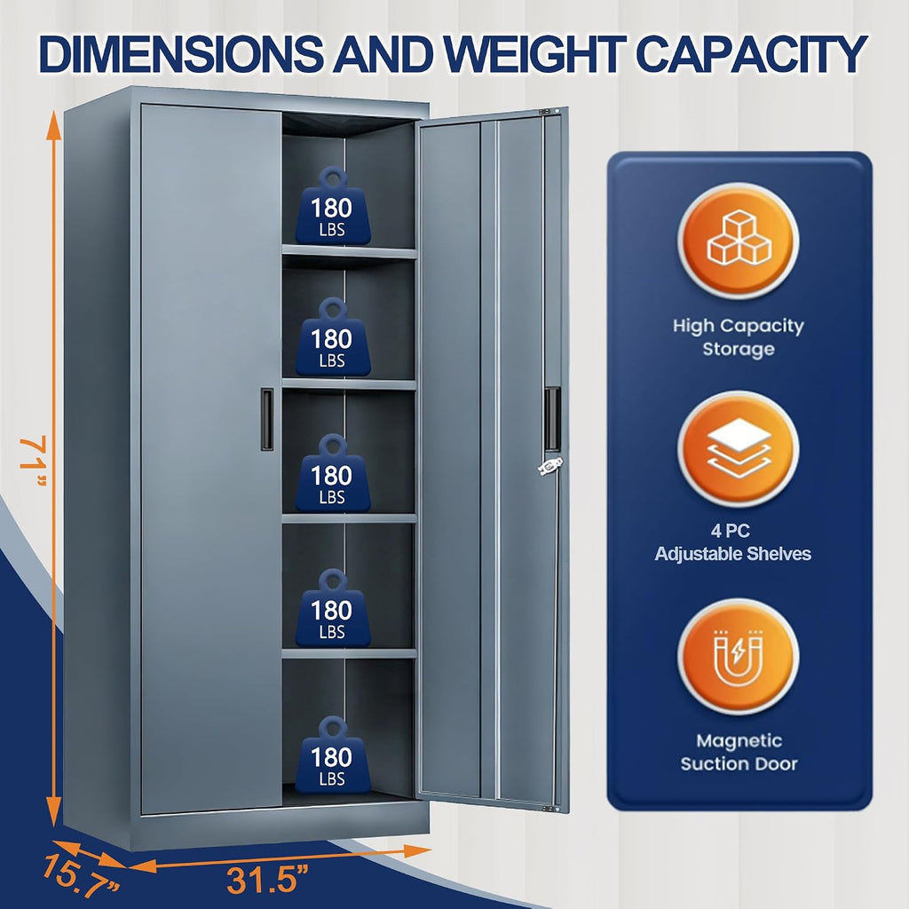 Metal Storage Cabinet with 2 Doors and 4 Adjustable Shelves Garage Storage Cabinet with Lock 71" Office Storage