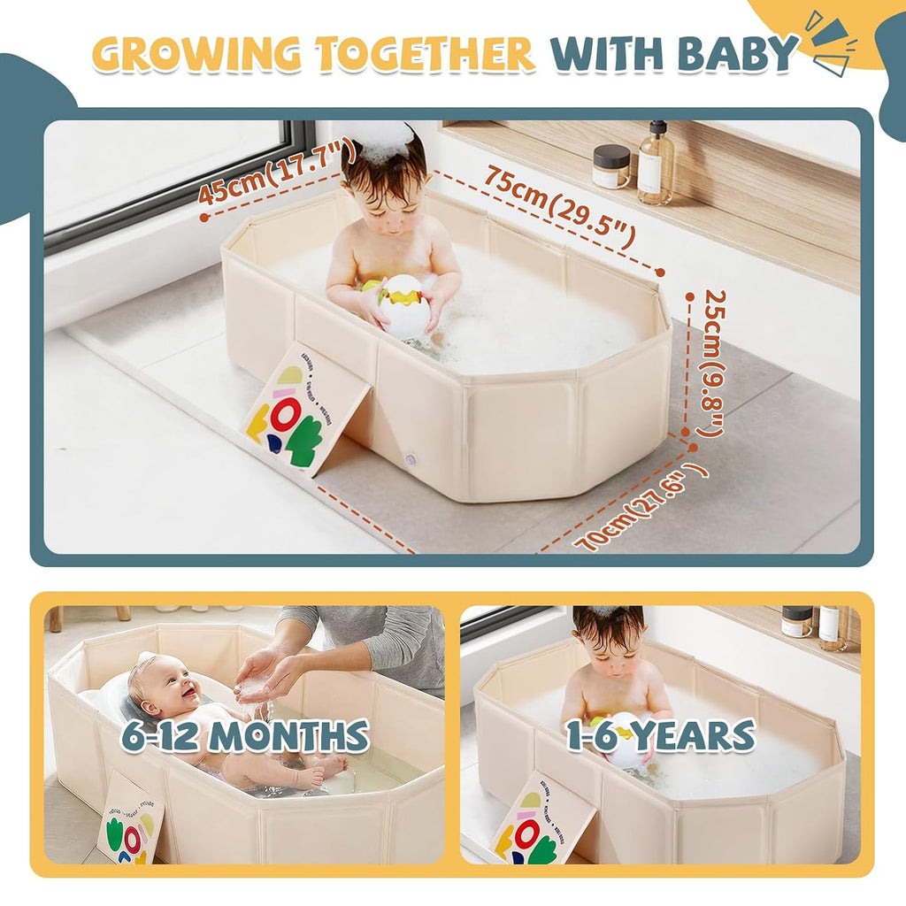 Toddler Bathtub with Side Drain Plug, Portable for Travel, White