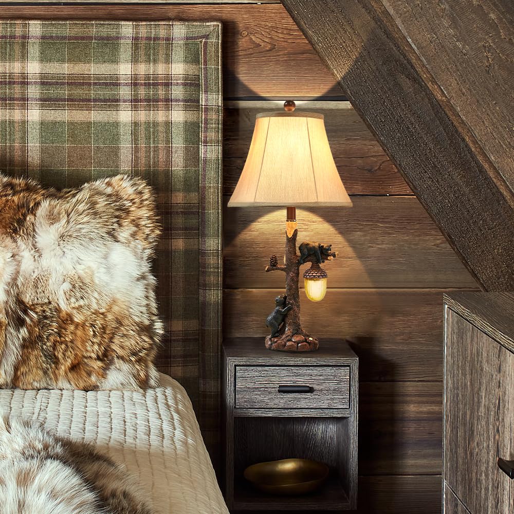 26" Rustic Western Bear Table Lamp with Nightlight Set of 2