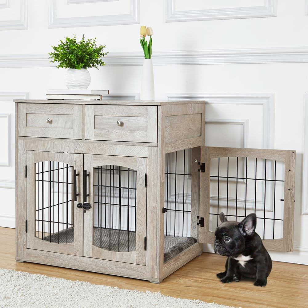 Modern Wooden Dog Crate Furniture with 3 Doors & 2 Drawers - Comes with Cushion - Indoor Dog Kennel End Table