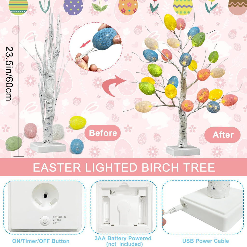 Easter Decorations,Pre-Lit Artificial Easter Egg Tree with LED Lights,2FT Lighted Birch Tree,Light up Tree Lamp