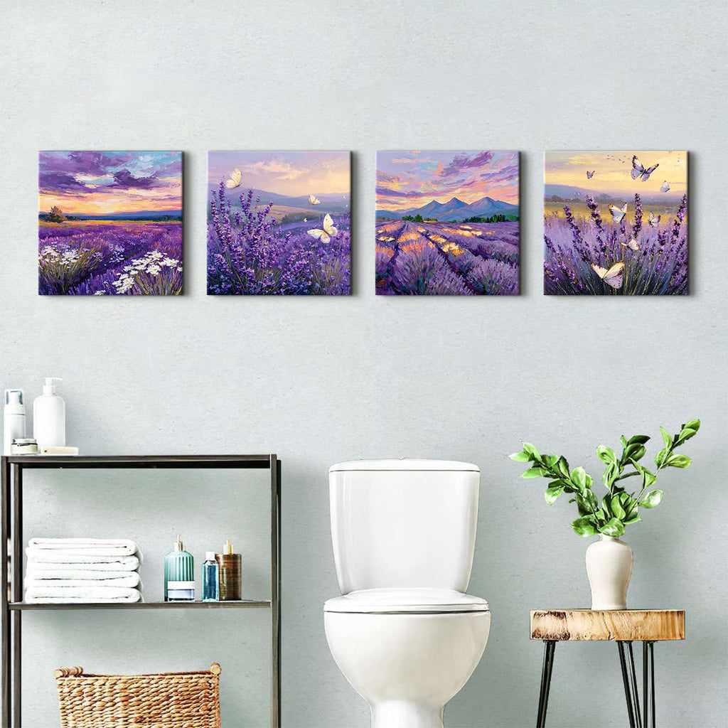 Purple Lavender Wall Art Bedroom Wall Decor Abstract Butterfly Scenery Pictures Watercolor Sunset Forest Paintings