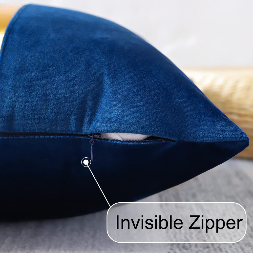 Navy Blue Velvet Throw Pillow Covers with Gold Leather Stitching Luxury Modern Minimalist Square Pillowcase Cushion