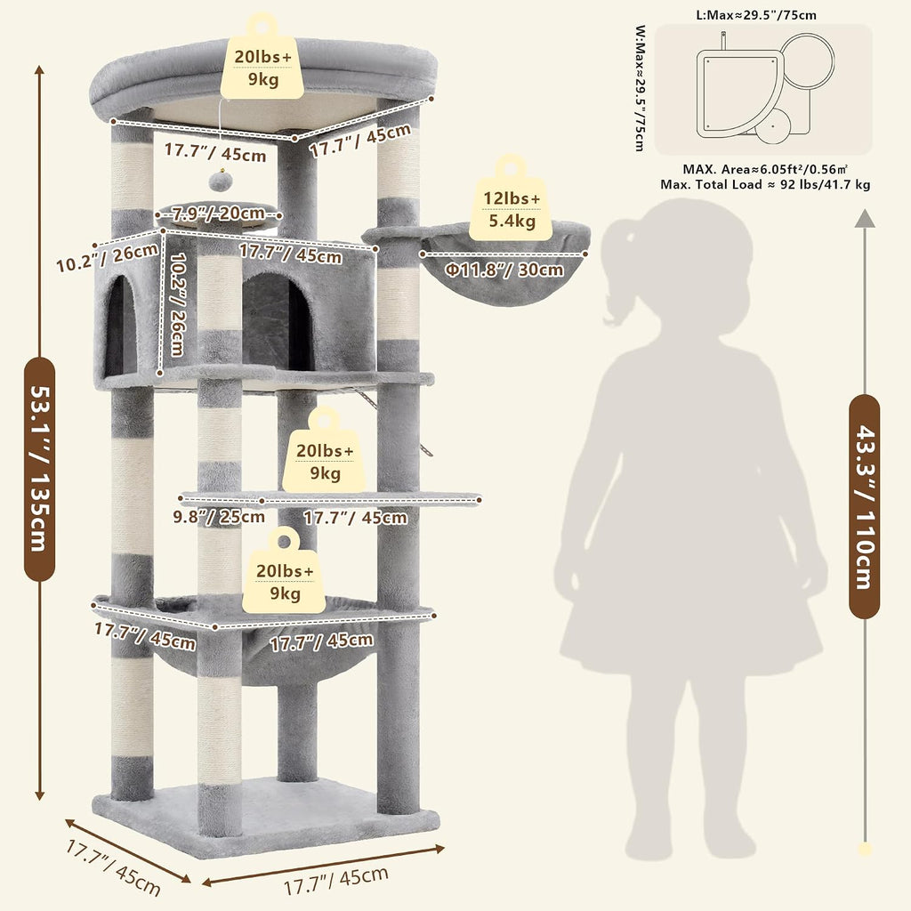 53.1" Corner Cat Tree for Large Cats - Interactive Play