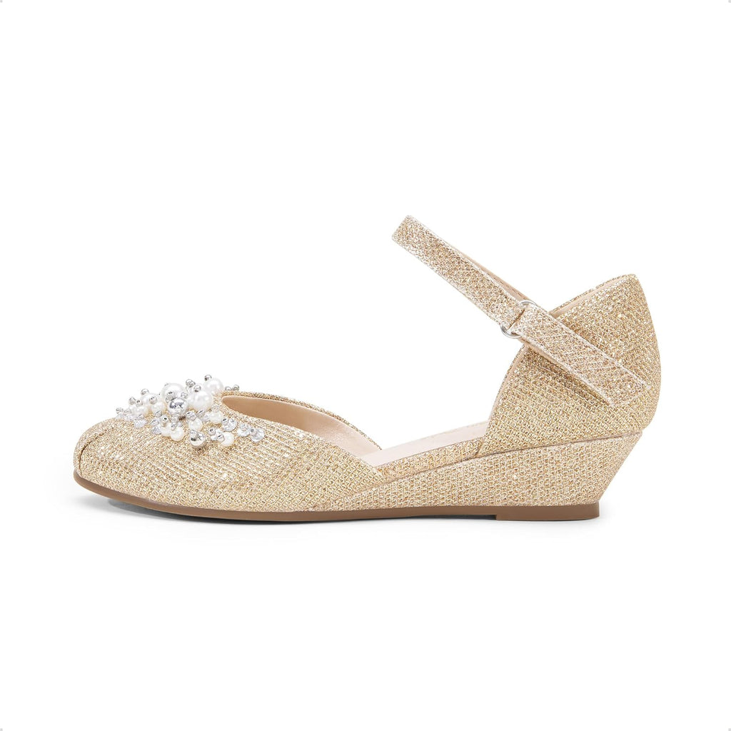 Girls Dress Shoes Toddler Little Big Girls Heels Low Wedge Pumps with Pearls Rhinestone for Flower Girl Princess