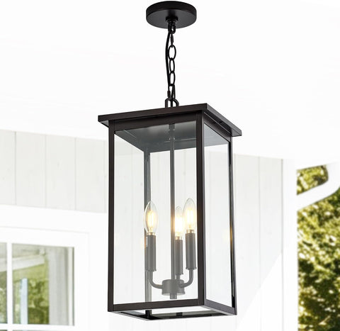Large Outdoor Pendant Light Fixtures, Oil Rubbed Bronze 3-Lights Outdoor Ceiling Hanging Lanterns with Clear Glass