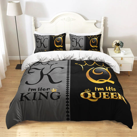 Grey and Black Duvet Cover Set King, K and Q Printed Crown Couple Bedding Set Gifts,3 Piece His Her Themed Lightweight