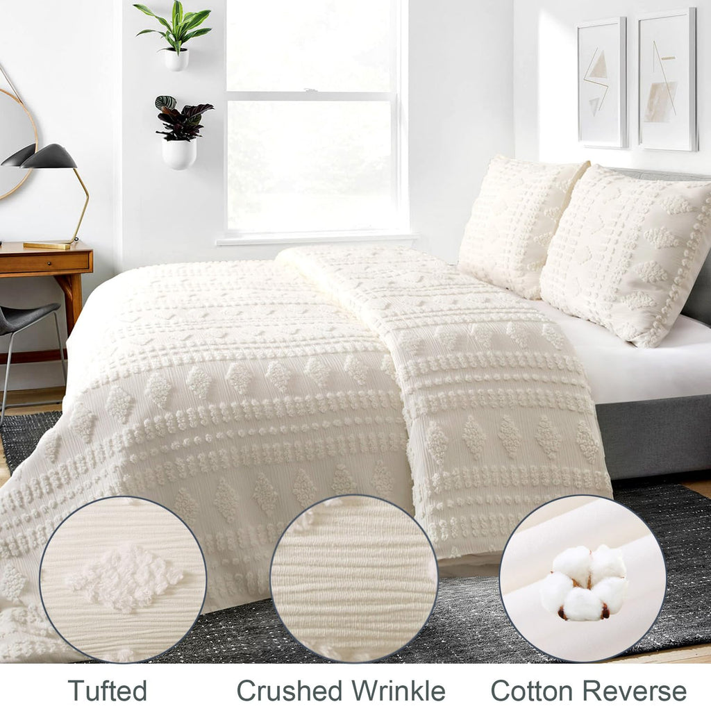 Tufted Duvet Cover Ivory Queen Shabby Chic Cotton Boho Striped Textured